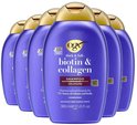 Zes paarse flessen OGX Biotin & Collagen volumiserende shampoo met gouden dop en tekst over 72 uur volume.