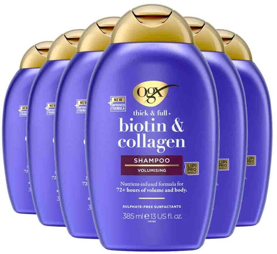 Zes paarse flessen OGX Biotin & Collagen volumiserende shampoo met gouden dop en tekst over 72 uur volume.