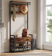 Kapstok met schoenenkast - kapstok met bank - kledingrek - schoenenrek - scheidbaar ontwerp - 10 haken - bovenste plank - voor hal - slaapkamer - industrieel design - vintage bruin - zwart