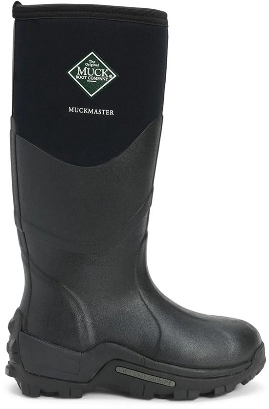 Zwarte Muck Boot Muckmaster laars met groen logo en "MUCKMASTER" tekst op de schacht.