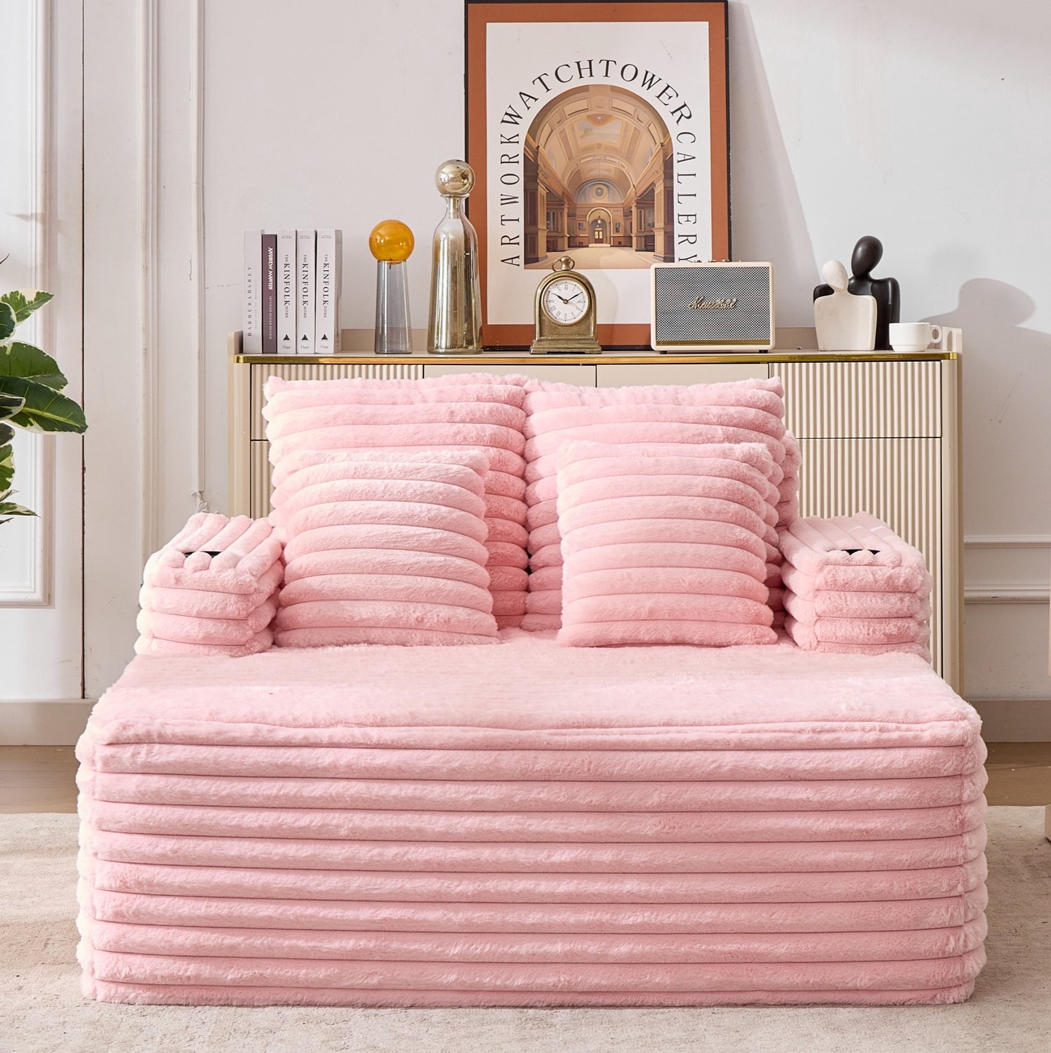MODENUIT Chaise Longue 135 x 128 x 86 cm - Met Bekerhouders - Voor Woonkamer - Kunstbont - Roze