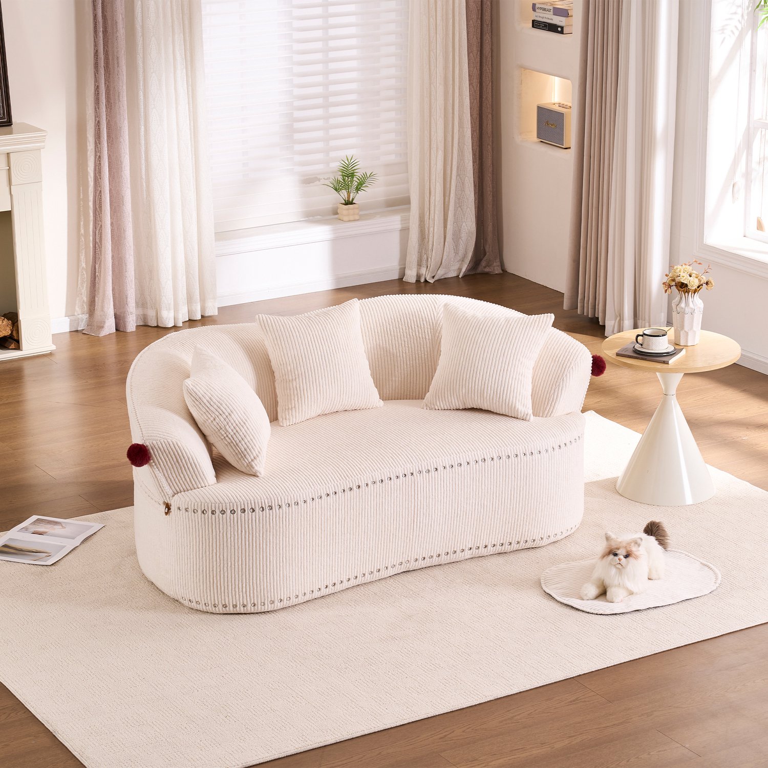 OKWISH Zitbank 163 x 93 x 68 cm - 2 Zitplaatsen met Gebogen Vorm en 3 Kussens - Voor Woonkamer en Kantoor - Ribstof - Wit