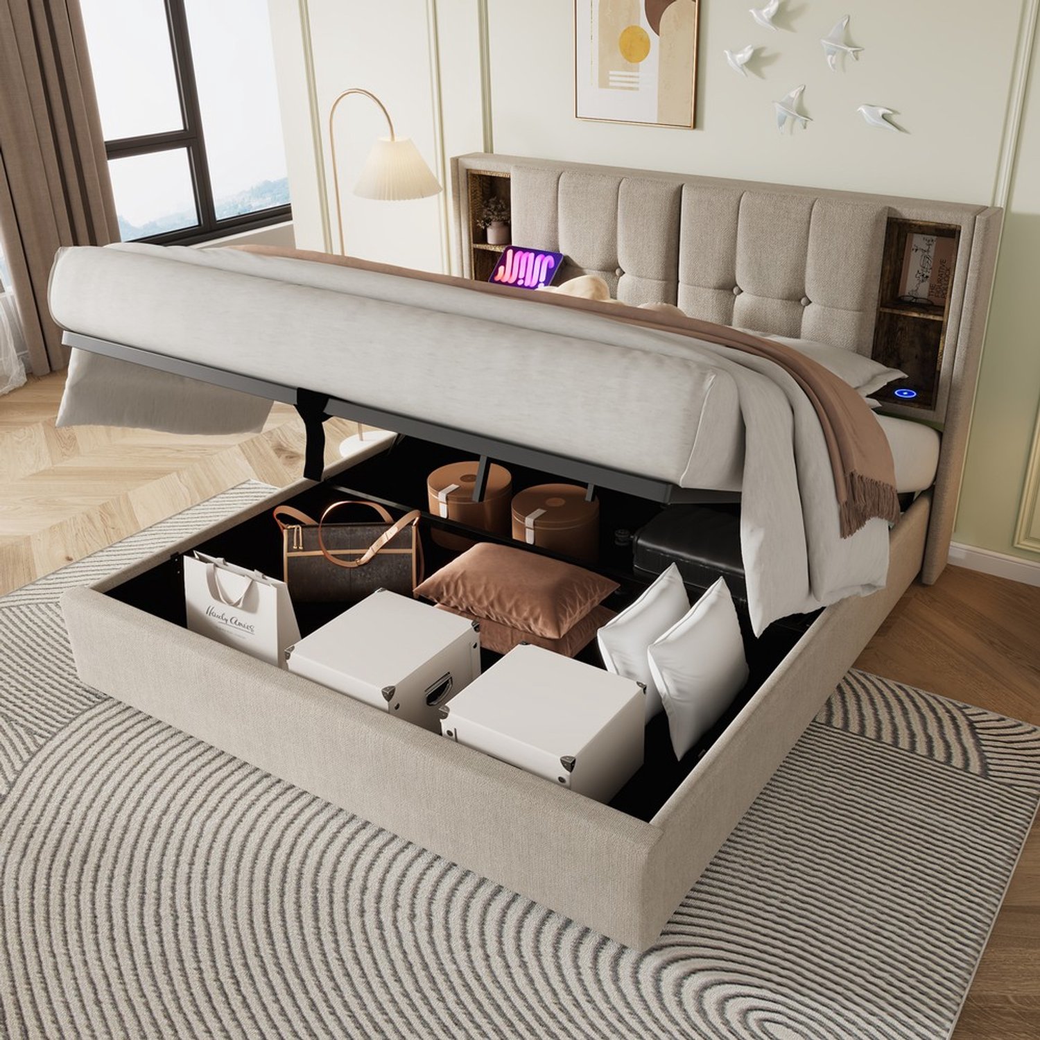 KOMHTOM Gestoffeerd bed - 160x200 cm - Linnen - Naturel - Houten lattenbodem - Opbergruimte - Lattenbodem - Lade - USB-aansluiting Natuur