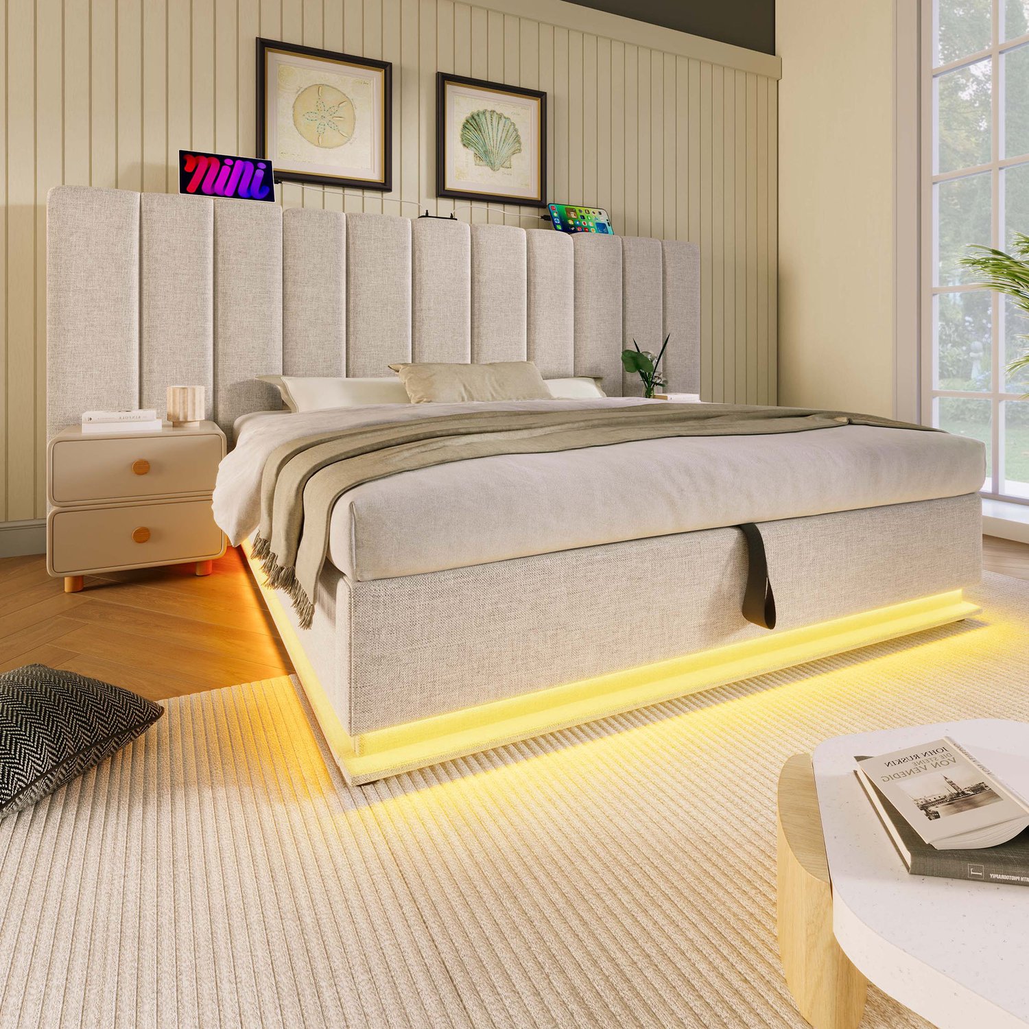 MUVANO Gestoffeerd opbergbed 160x200 - Tweepersoonsbed met matras - Hydraulische lattenbodem - Linnen - LED met app en USB-C - Slaapkamer beige