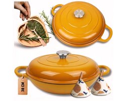 Hage - Braadpan - Stoofpan met Deksel - Casserole Pan - Lage Geëmailleerd Gietijzeren Braadpan - Oven & Inductie Geschikt - Voor Braden, Stoven en Ovenschotels - 3 Liters - 40.5 x 30 x 10.5 cm - Mosterdgeel