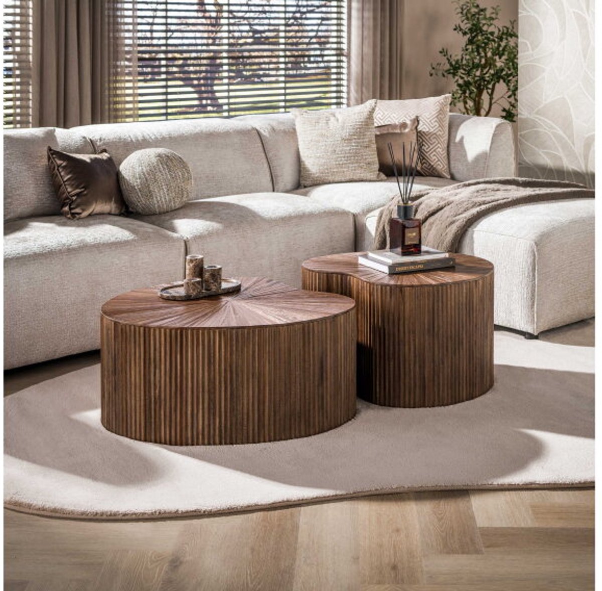 Meubelplaats Salontafel Maya Teak niervormig set/2 - Massief teak espresso Naturel