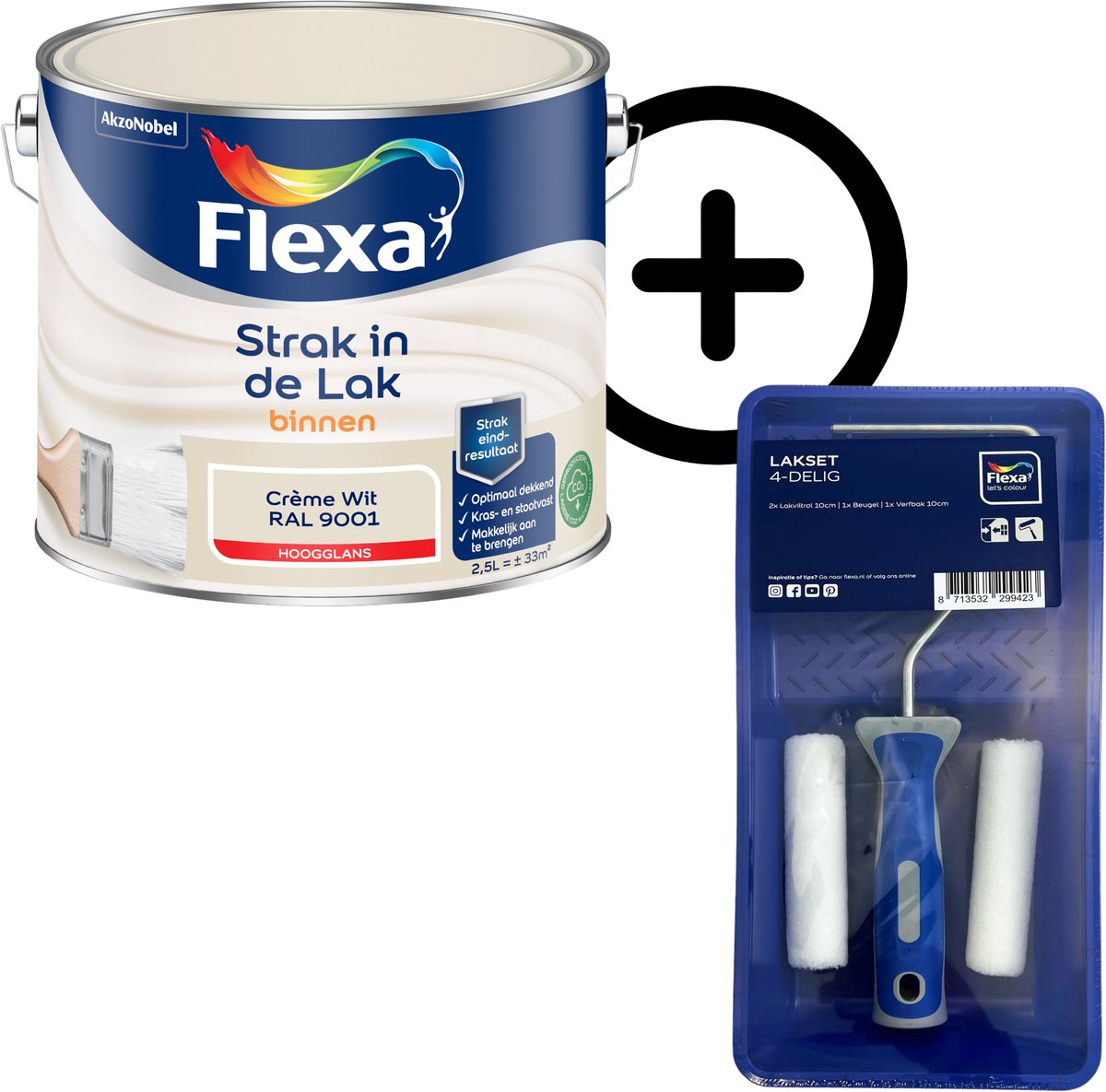 Product Bundel: Flexa - Strak In De Lak Binnenlak - Hoogglans - Crème Wit / Ral 9001 - 2,5 L + Flexa Lakset