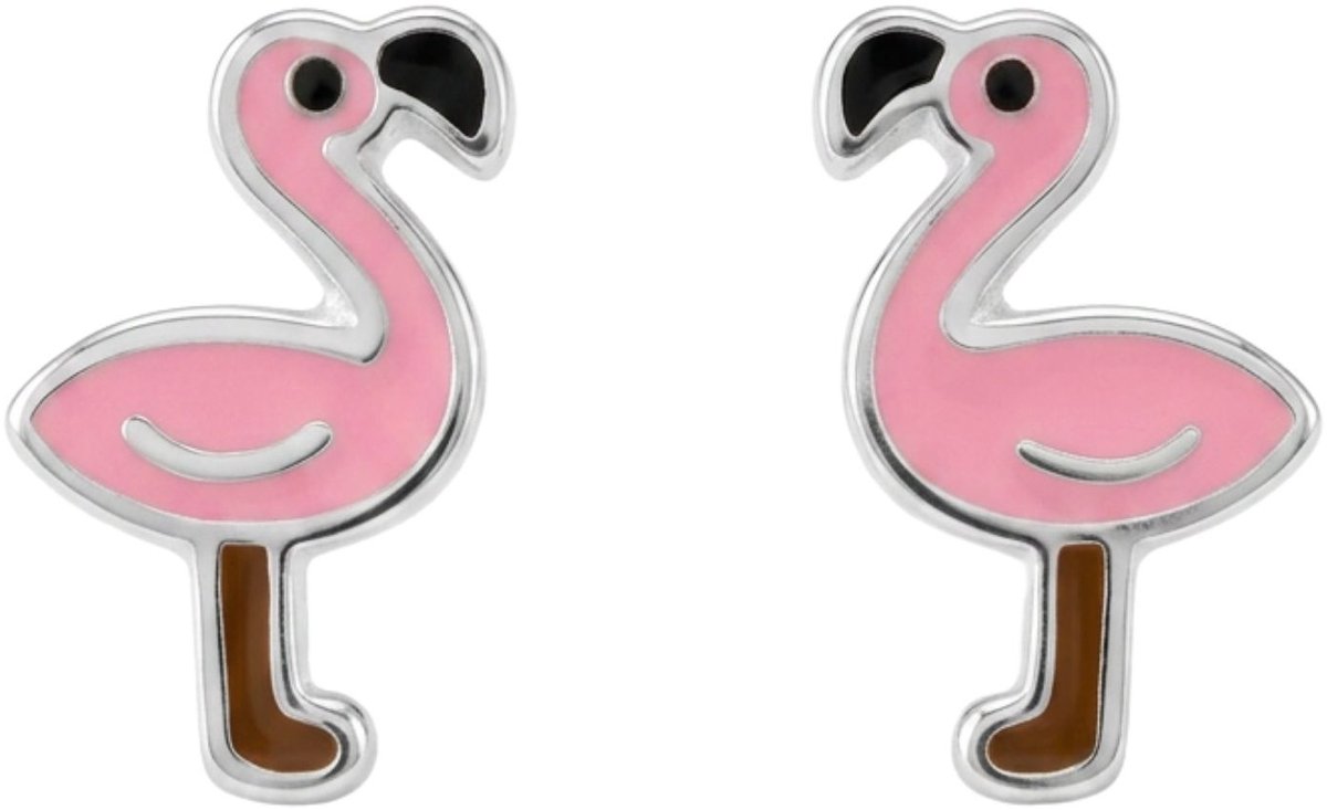 Childrens Silver Flamingo Ear Studs With Epoxy