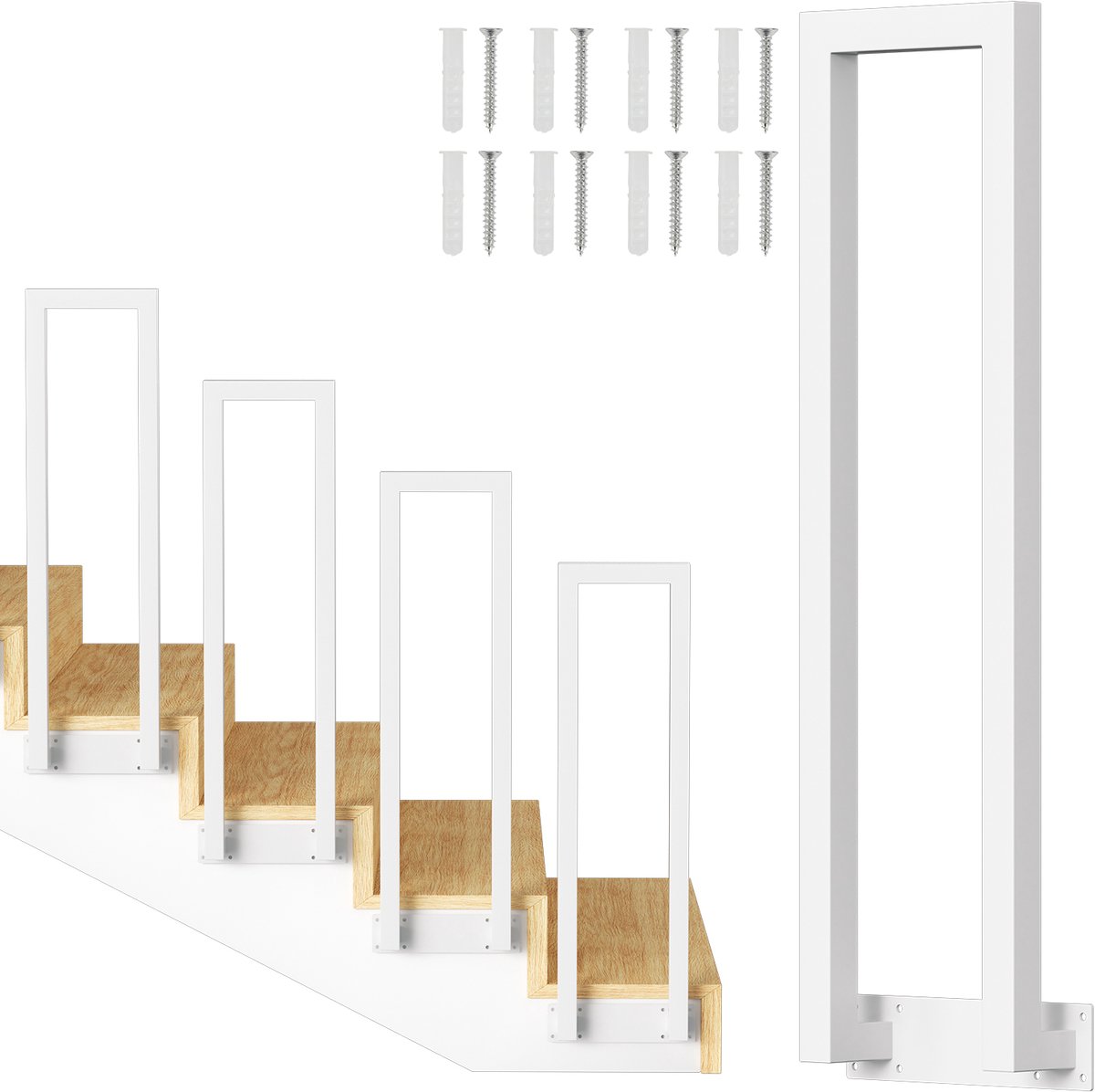 U-vormige trapleuning 95 cm wit – ijzeren trapleuning met vierkante buis, zijmontage, binnen/buiten, incl. montagepakket