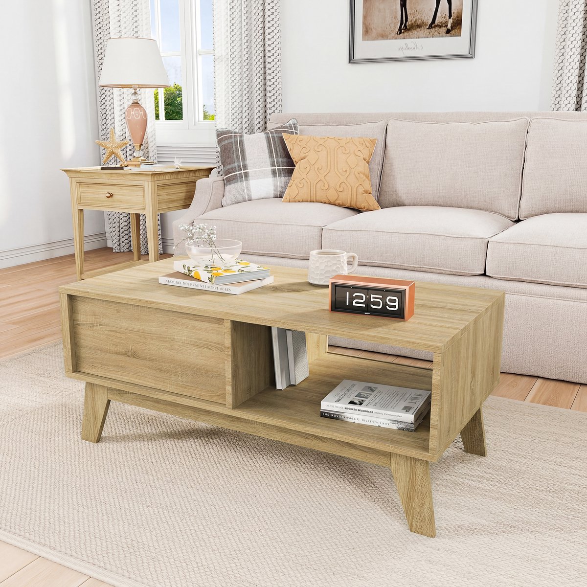 Yelenaro Rechthoekige houten salontafel, Minimalistisch ontworpen salontafel met schuifdeuren, opbergruimte, 95x41x48cm, houtkleur