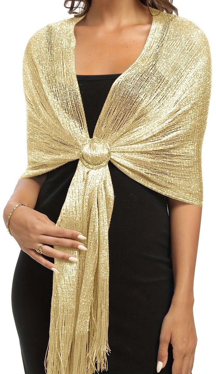 casalora - Glinsterende metallic sjaal - Sjaal dames - Omslagdoek - Franje sjaal - Geschikt voor avondjurk，avondevenementen，bruiloften，formele gelegenheden (met gesp) - Champagne