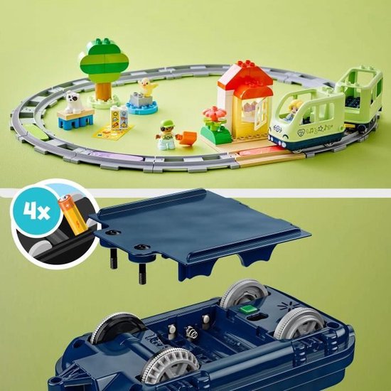 Châssis de train LEGO DUPLO avec compartiment à piles et indication de deux piles AA.