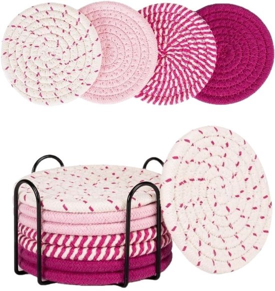 Set van 8 roze en witte, gevlochten onderzetters met patronen, met houder.