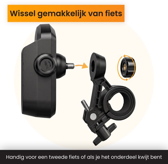 Wissel gemakkelijk van fiets: koppel de telefoonhouder los en vast. Handig voor tweede fiets of als onderdeel kwijt.