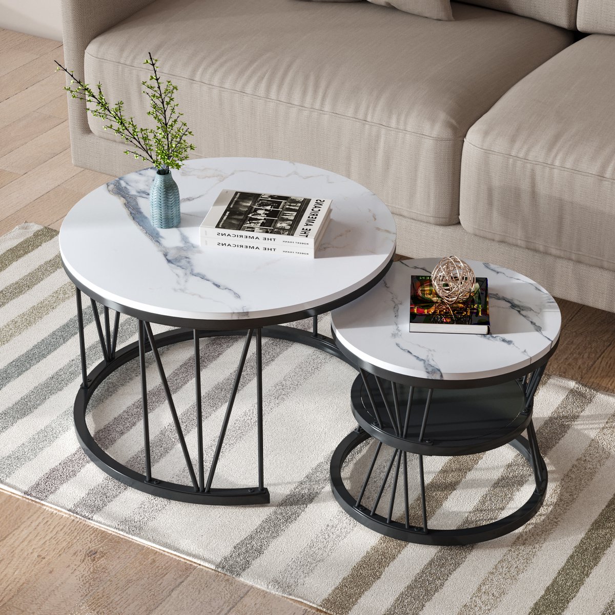 Yelenaro Set Van 2 Rond Salontafels, Modern Stapelbaar Ontwerp, Wit marmerlook tafelblad, zwart metalen frame, Woonkamer Tafel
