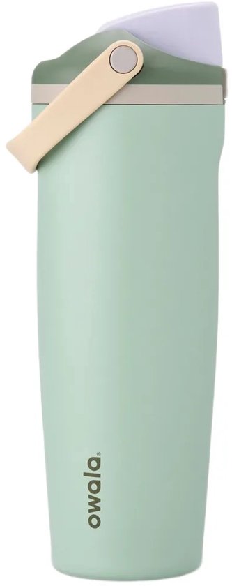 Lichtgroene Owala FreeSip Sway thermosfles met beige handvat en groen/wit deksel.