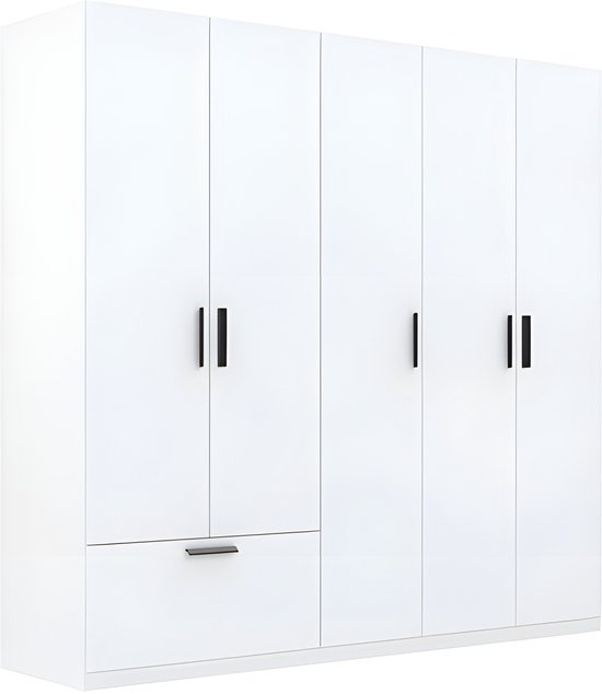 Witte kledingkast met 5 deuren en 1 lade. Moderne handgrepen en strak design.