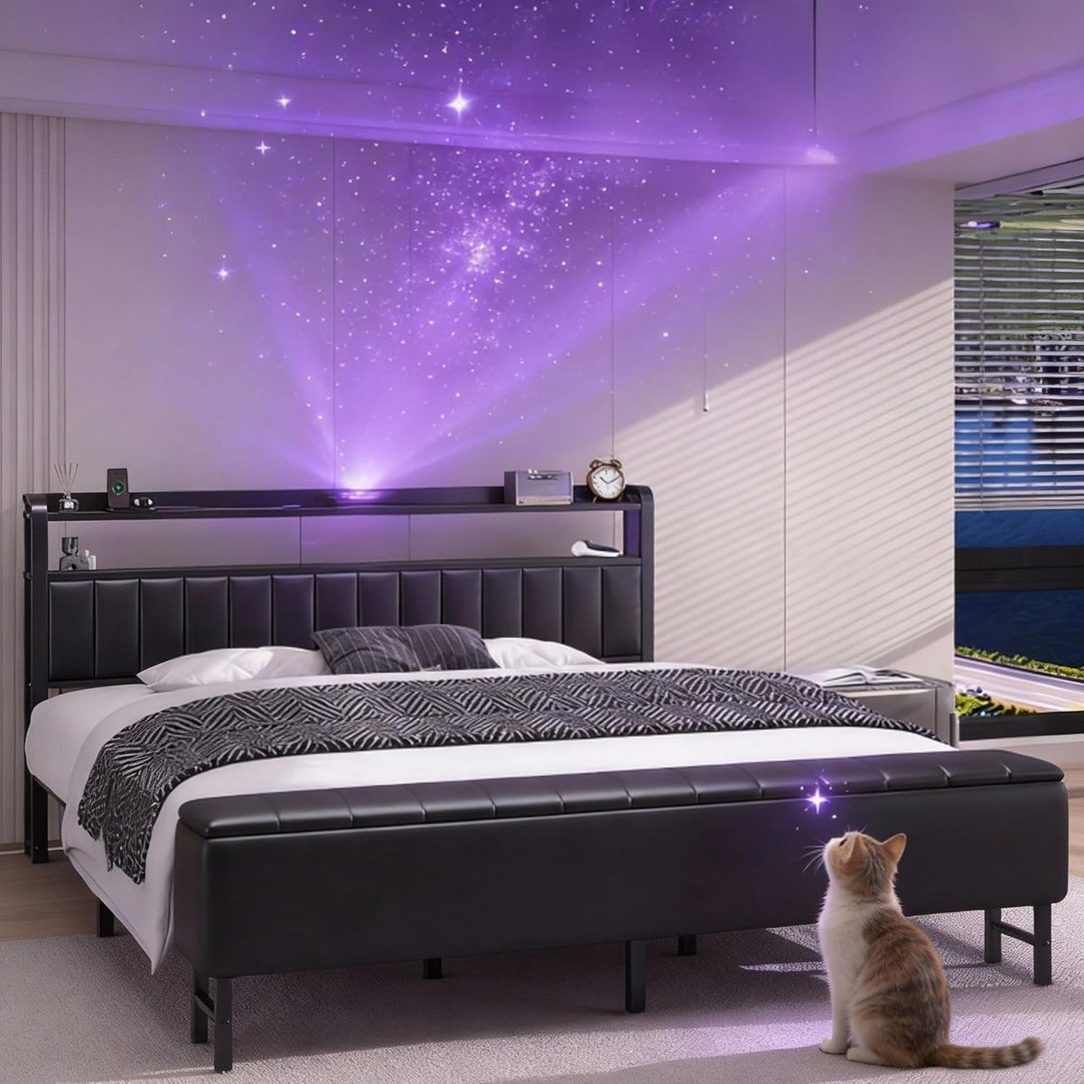 Bedframe 180x200 cm met Sterrenprojector en Opbergbank - Industrohome - Zwart