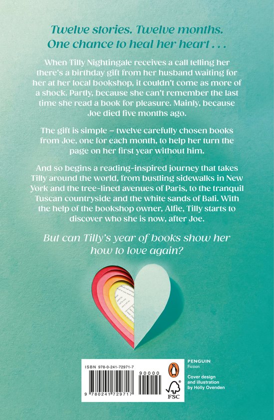 Boekcover met de titel 'Twelve stories. Twelve months. One chance to heal her heart...' en een hart van papier met paginabladeren.