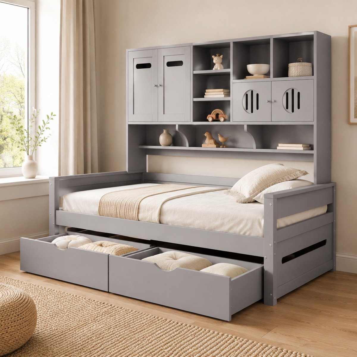 WUVRIE eenpersoonsbed 90x200 cm met opbergvakken, 2 lades en lattenbodem, grijs