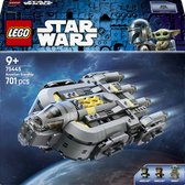 Boîte du Vaisseau Spatial Anzellan Lego Star Wars 75445 dans l'espace, avec figurines de Grogu et du Mandalorien.