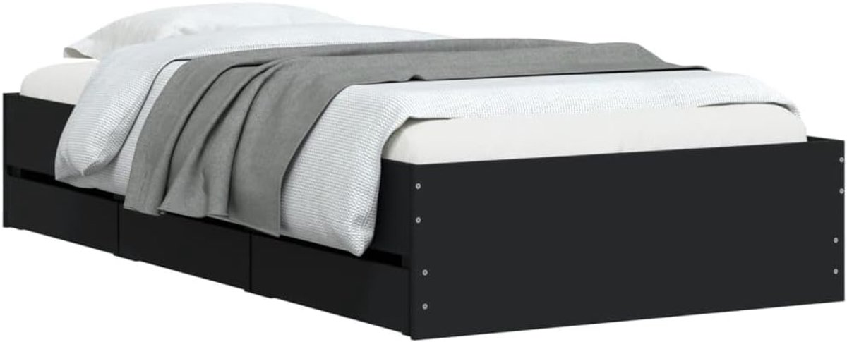 Ledikant 100x200 cm met 6 lades - Zwart gelakt Industrohome bedframe van hoogwaardig houtcomposiet - Modern design met opbergruimte