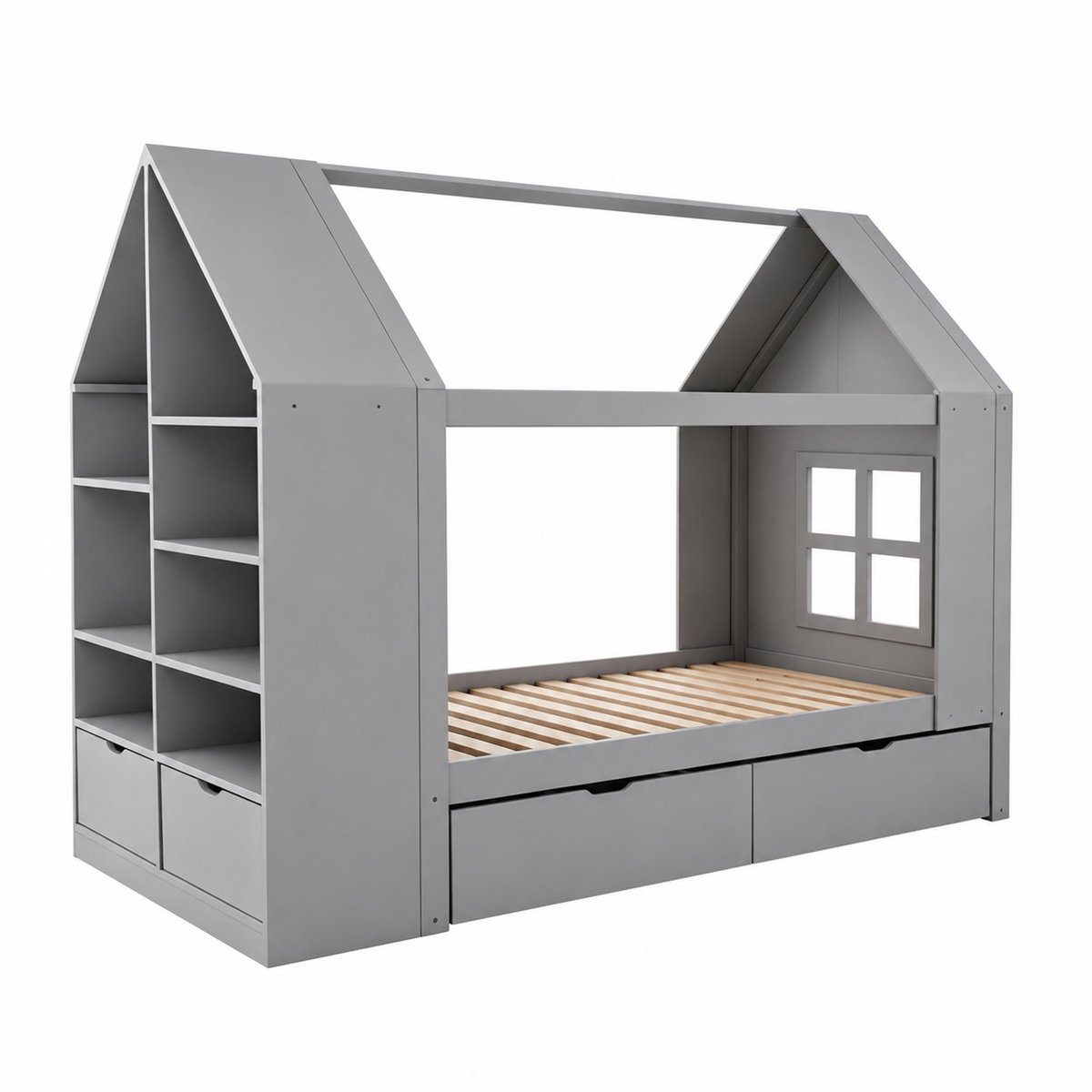 WUVRIE Kinderbed huisvorm 90x200 cm met 2 lades, opbergruimte en LED, grijs