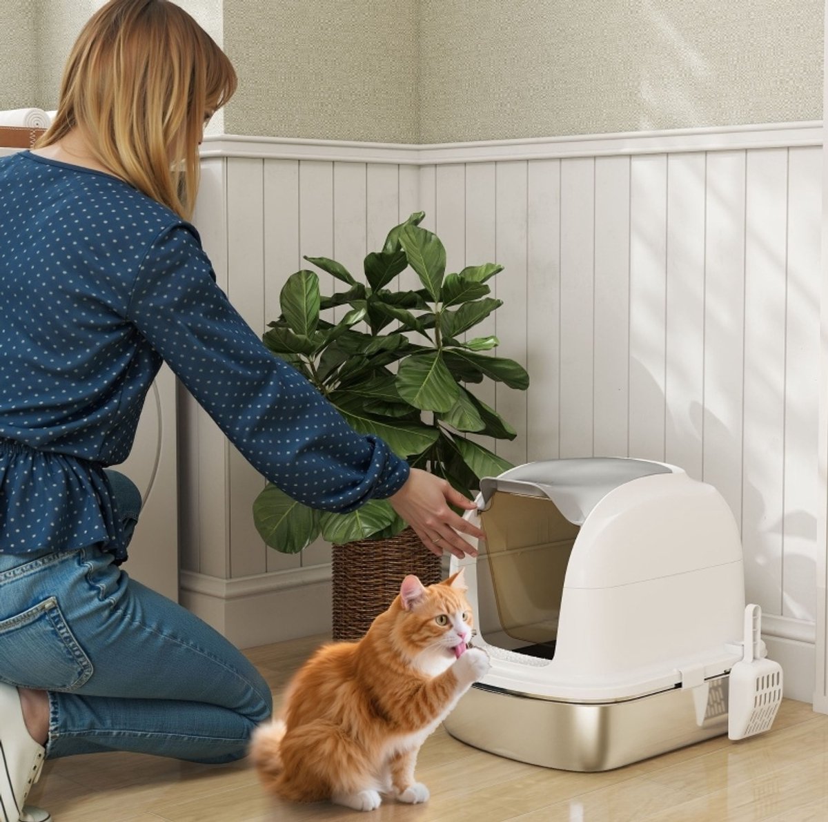 MODFU - Kattenbak - Gesloten - Met Deksel - RVS - Wit - 52,4 X 41,3 X 42 Cm