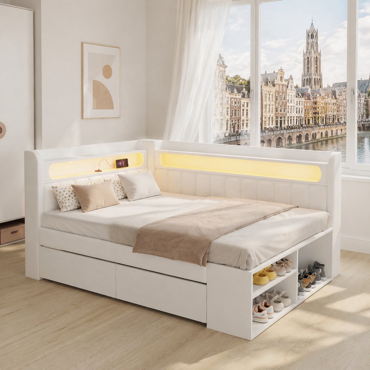 WUVRIE Bedbank 90x200 cm met USB, LED-verlichting, 2 lades en schoenenkast, wit