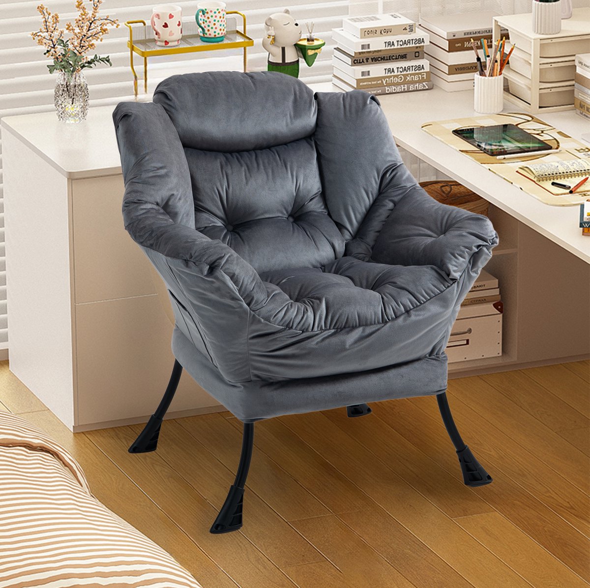 MODFU - Fauteuil - Metalen Frame - Zijvak - Donkergrijs - Fluweel