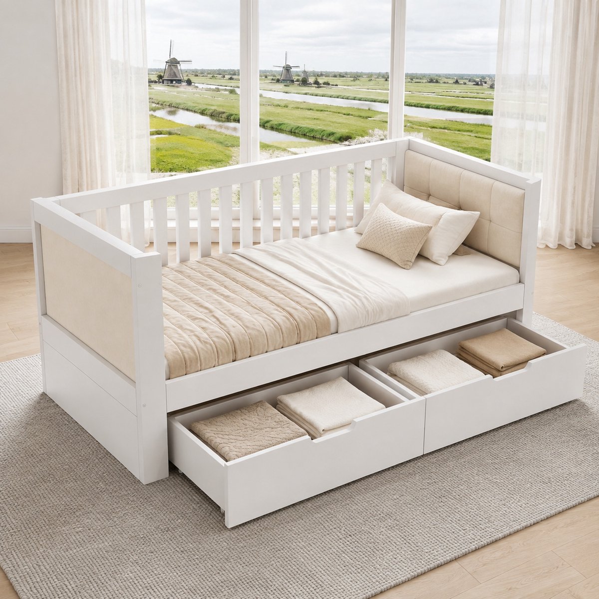 WUVRIE Bedbank 90x200 cm met 2 lades, lattenbodem en rugleuning, wit hout