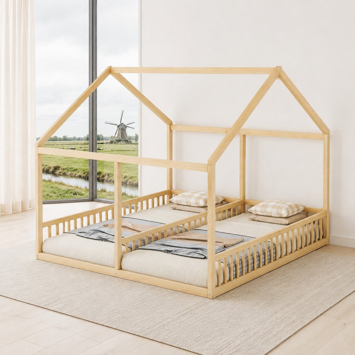 WUVRIE Huisbed 90x200 cm met uitvalbeveiliging en lattenbodem, naturel