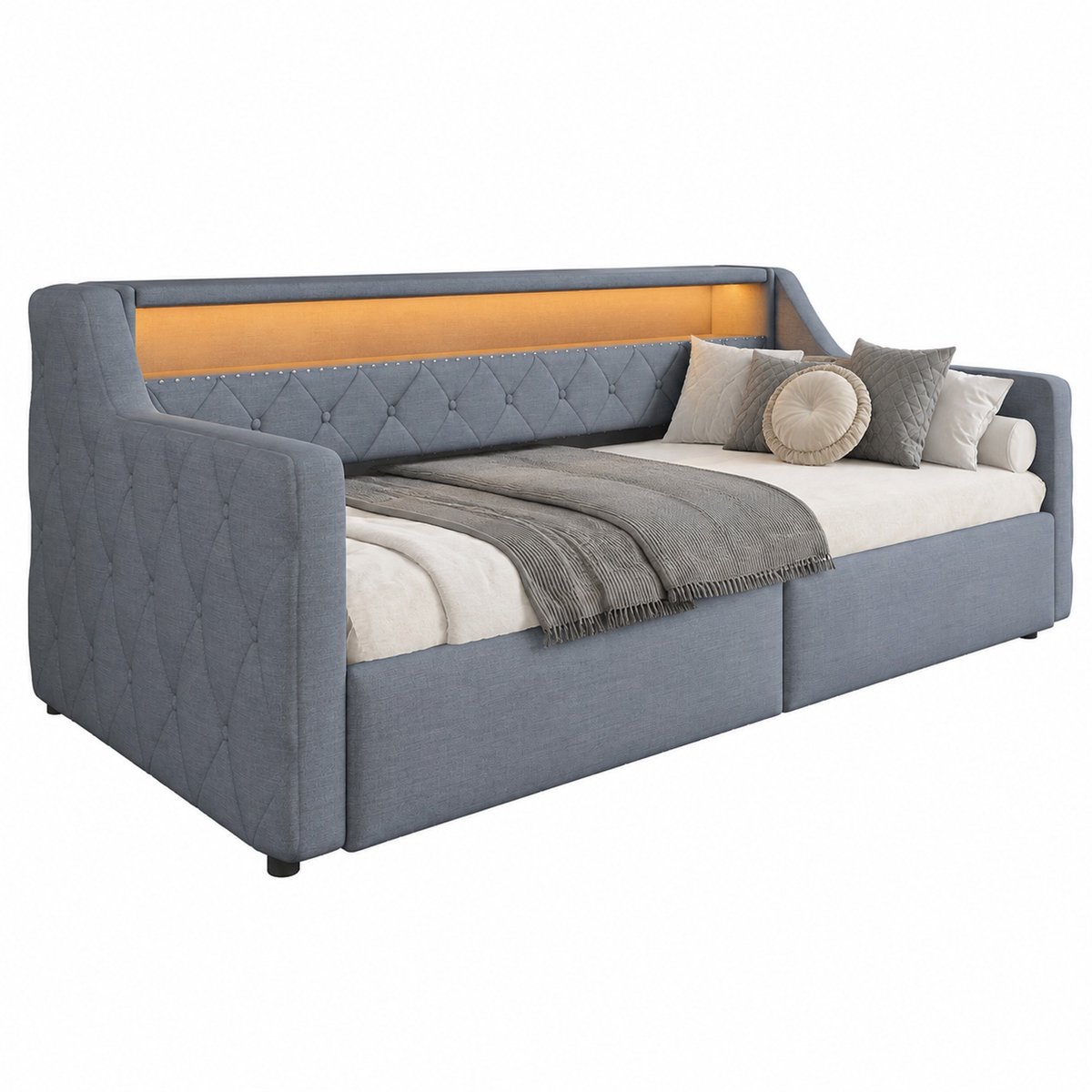 WUVRIE Bedbank 90x200 cm met LED-verlichting, hydraulische opbergruimte en USB-C, grijs
