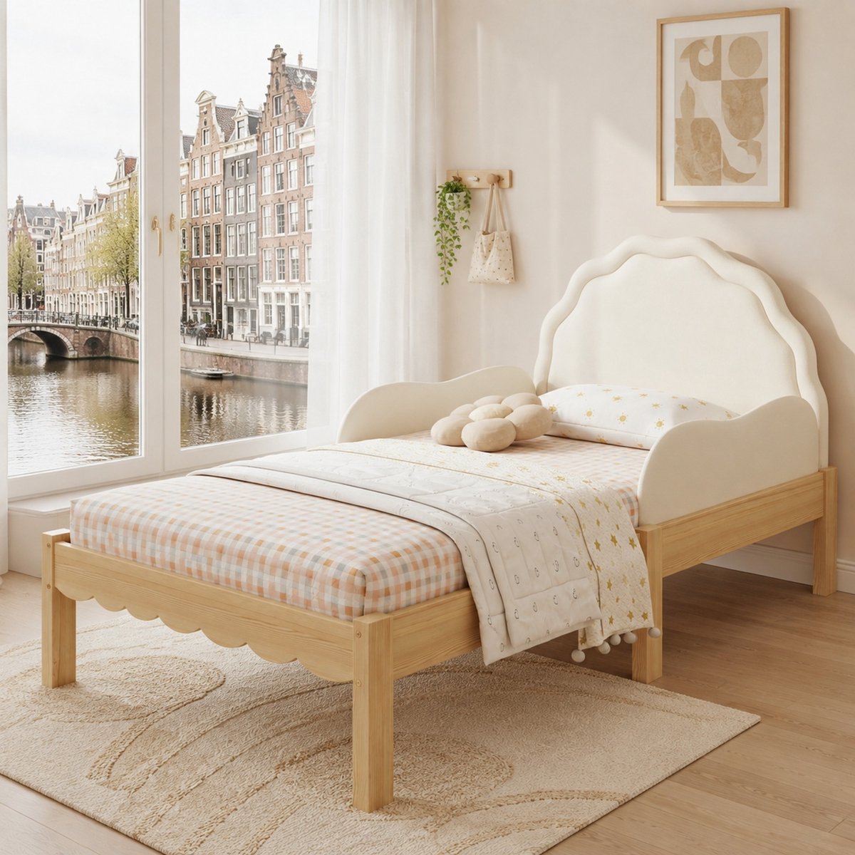 WUVRIE Kinderbed 90x200 cm met PU-hoofdbord, uitvalbeveiliging en lattenbodem, beige