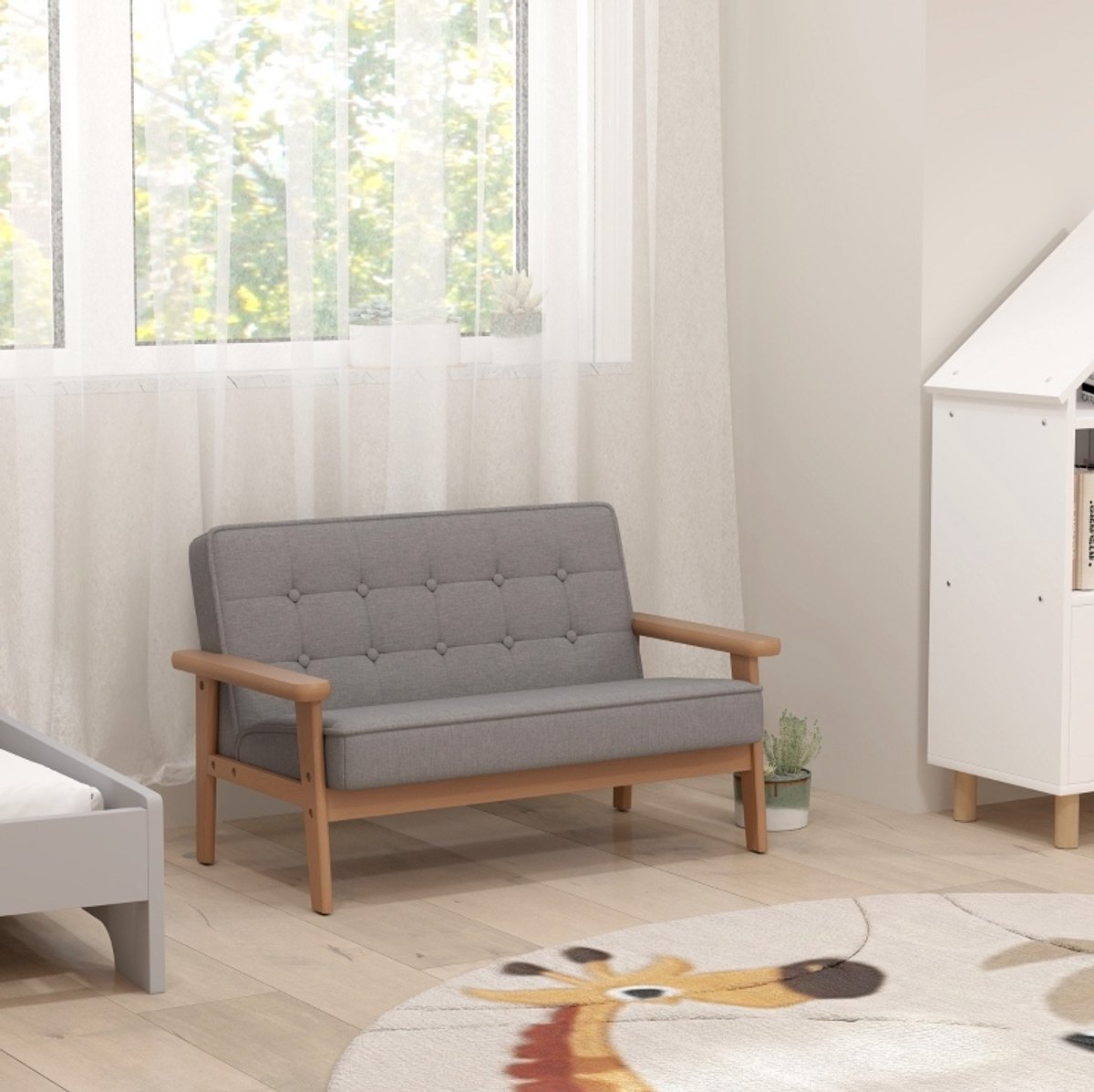 MODFU - Kindersofa - Gecapitonneerd - Grijs - Houten Frame - 2-Zits