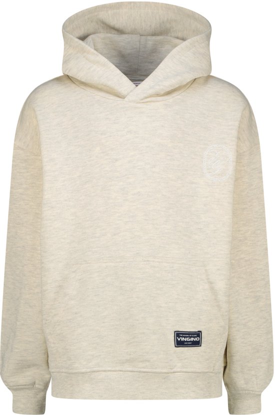 Lichtbeige hoodie met capuchon, kangoeroezak, grafische print op de borst en merklabel 'Vingino' op de zoom.