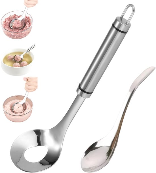 Cuillère à boulettes de viande argentée avec une longue poignée fine et une tête creuse pour former des boulettes de viande. Illustrations montrant l'utilisation.