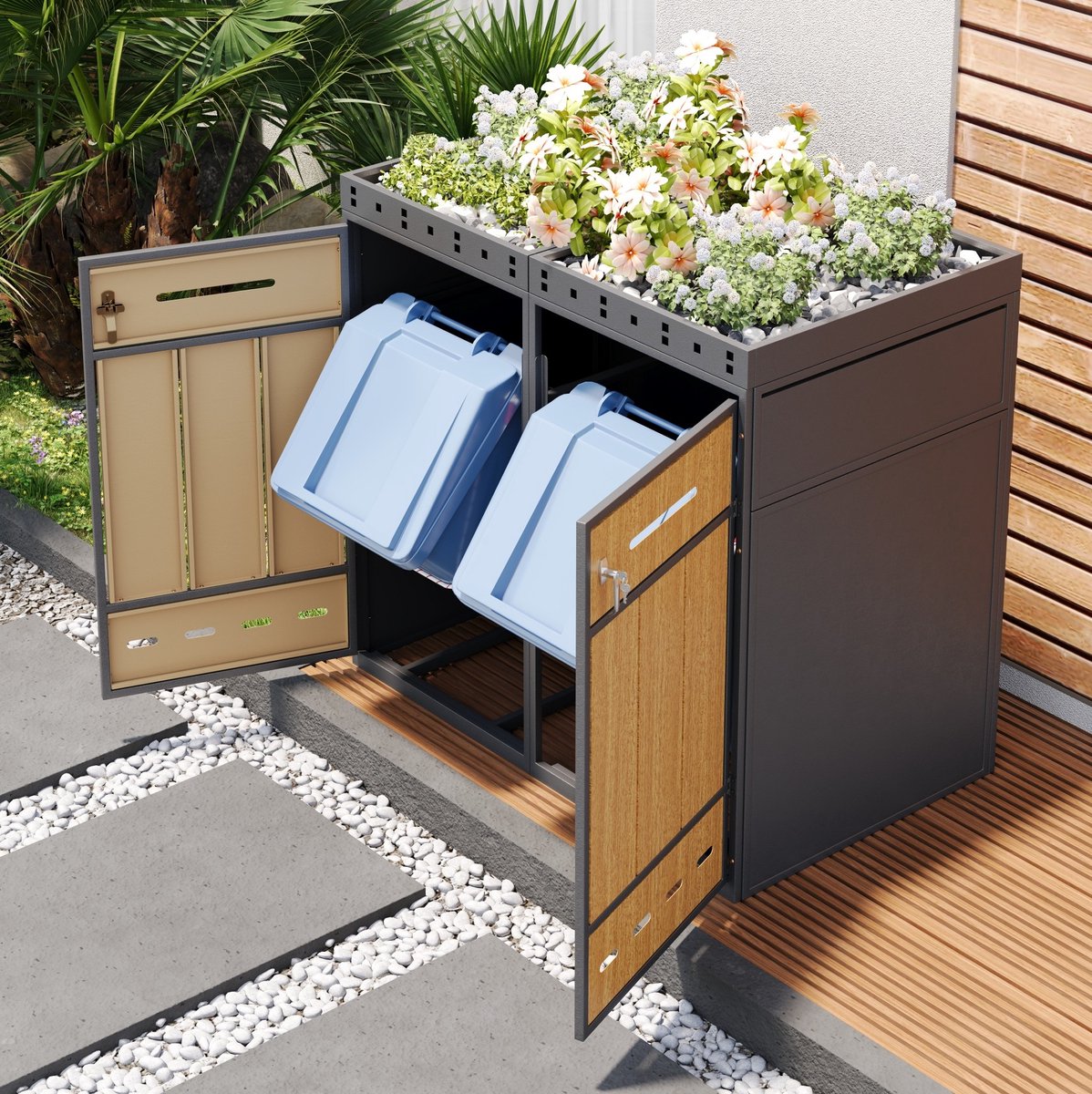 Wishdor Containerberging - Dubbele afvalscheidingsbox met plantdak en frontdeuren - Voor buiten - Modern industrieel - Tuin terras balkon - Metaal - Grijs hout - 132 x 80 x 124 cm