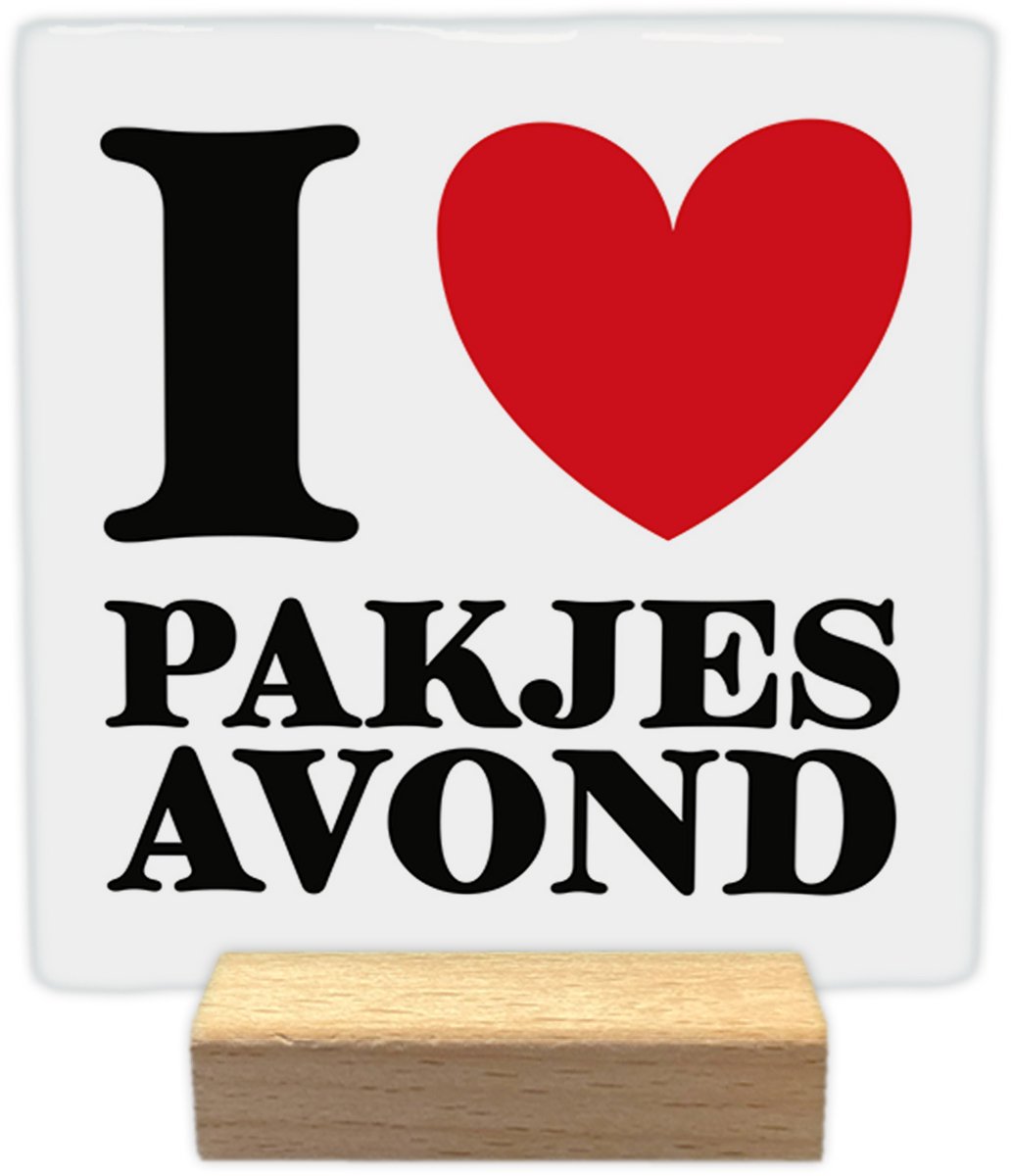Artige Sinterklaas decoratie tegel met tekst - I love Pakjesavond - keramisch - 10x10 cm - inclusief houder zwart