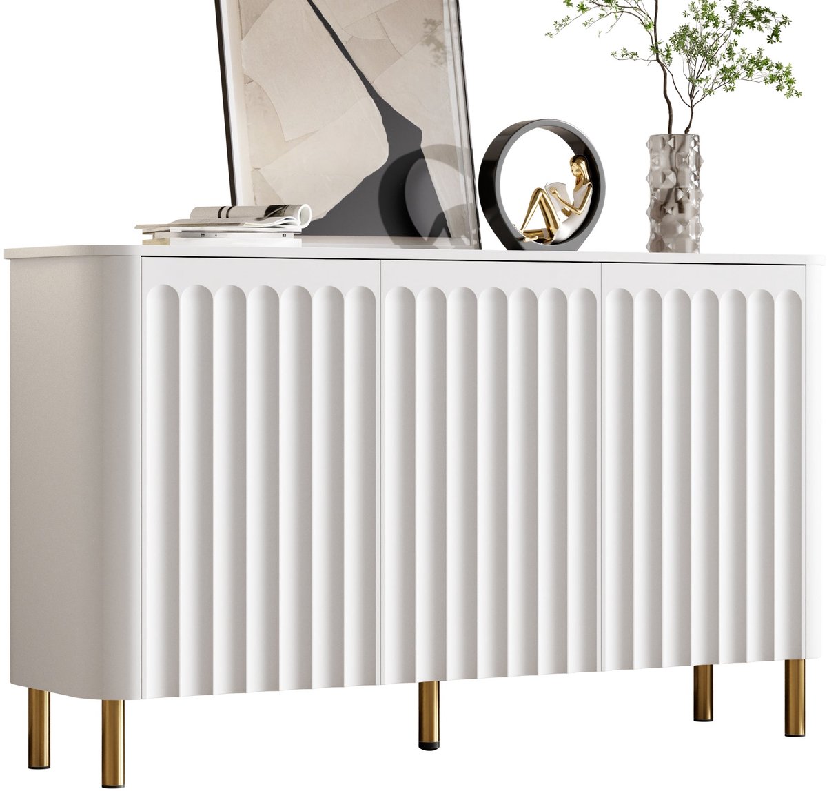 Merax Dressoir - Witte opbergkast - 135 x 36 x 78 cm - 3 deuren - Reliëfdeuren - Metalen poten - Greeploos