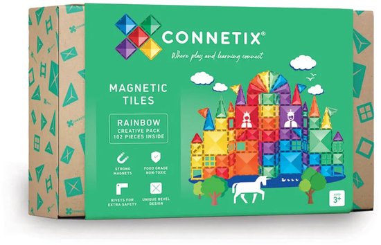 Doos Connetix Magnetische Tegels Rainbow Creative Pack met 102 stukjes. Gemaakt van gekleurde, transparante tegels met magnetische randen. Speelgoed is afgebeeld met een regenboogkasteel en een eenhoorn.