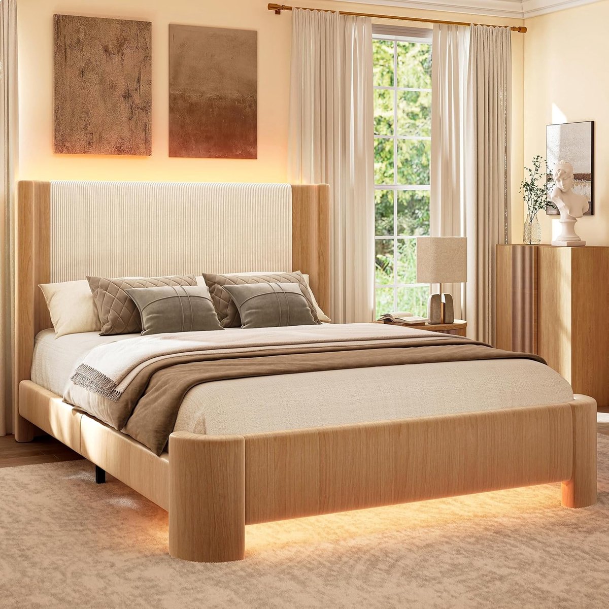 Bedframe 140x200 cm - Moderne ledikant met kopstuk, lattenbodem en sfeerverlichting | Industrohome