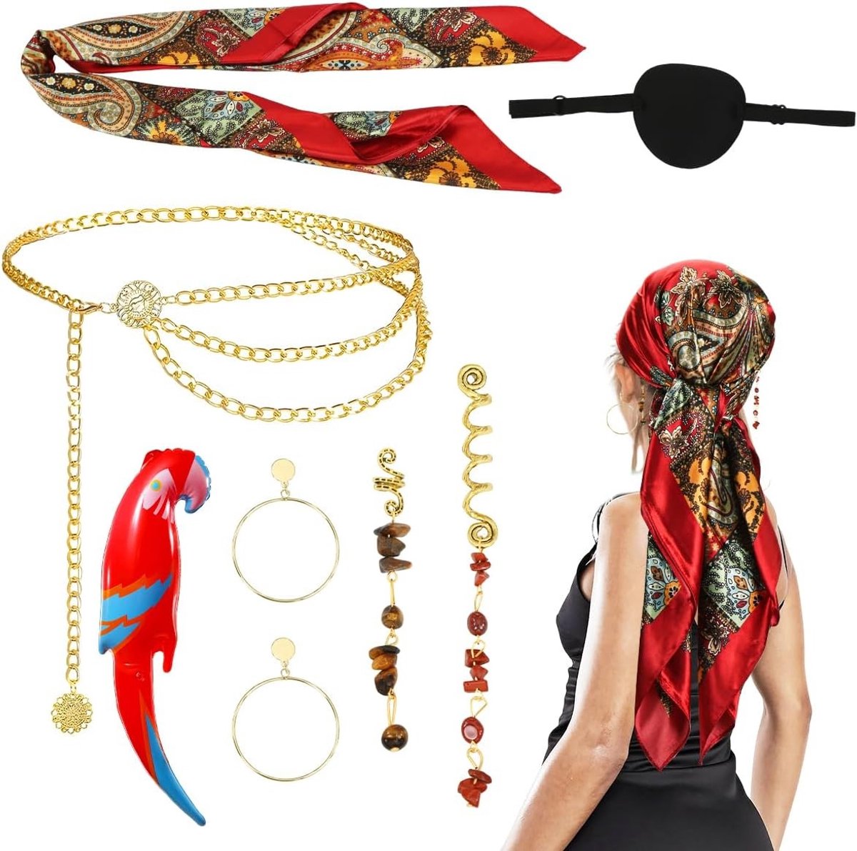 Piratenkostuum voor Vrouwen met Accessoires zoals Bandana, Blinde Band, Riem, Ketting, Oorbellen en Opblaasbare Papegaai voor Halloween en Carnaval