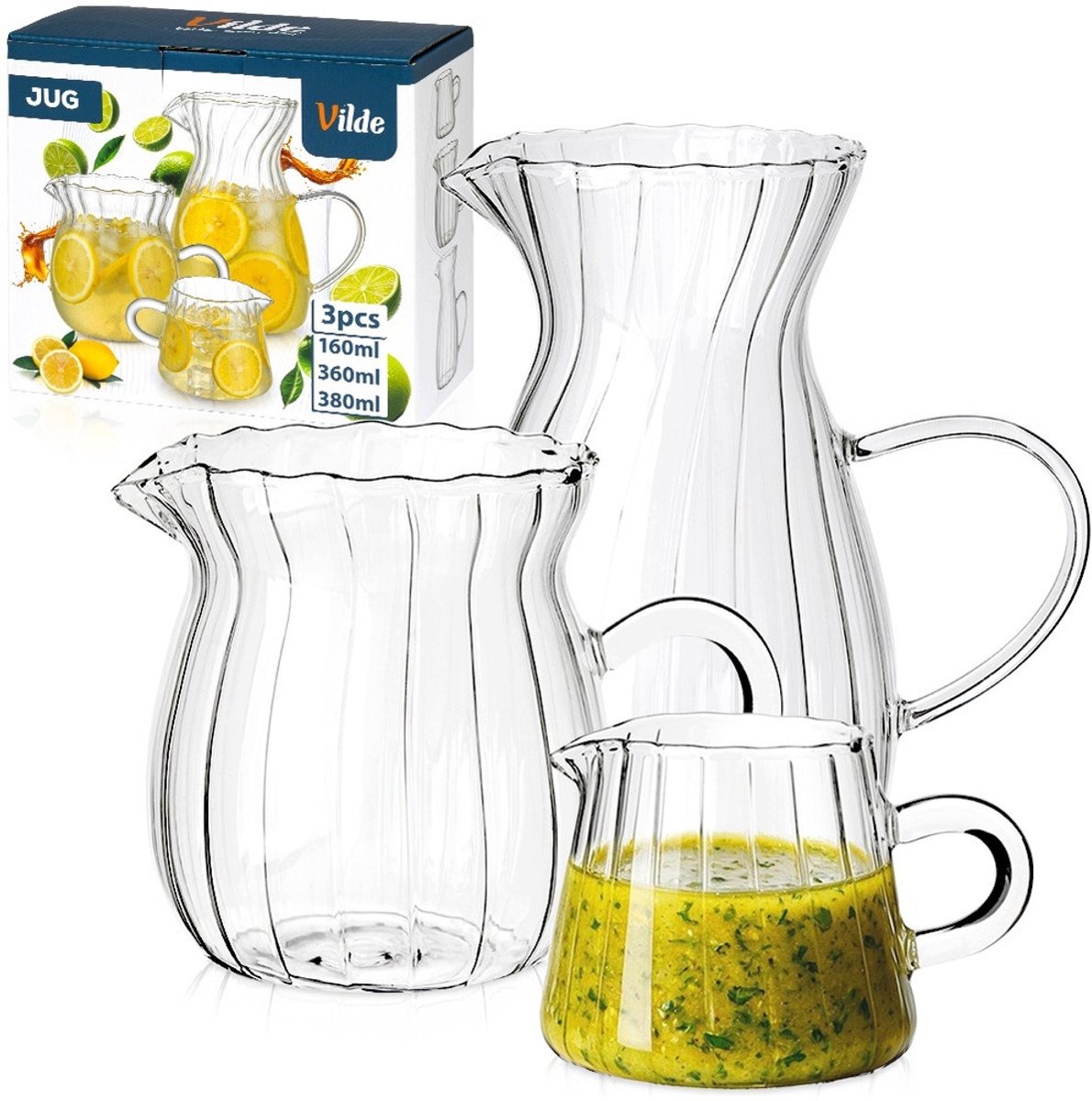 3x Glazen kannetjes voor melk, saus, dips - 160/360/380 ml