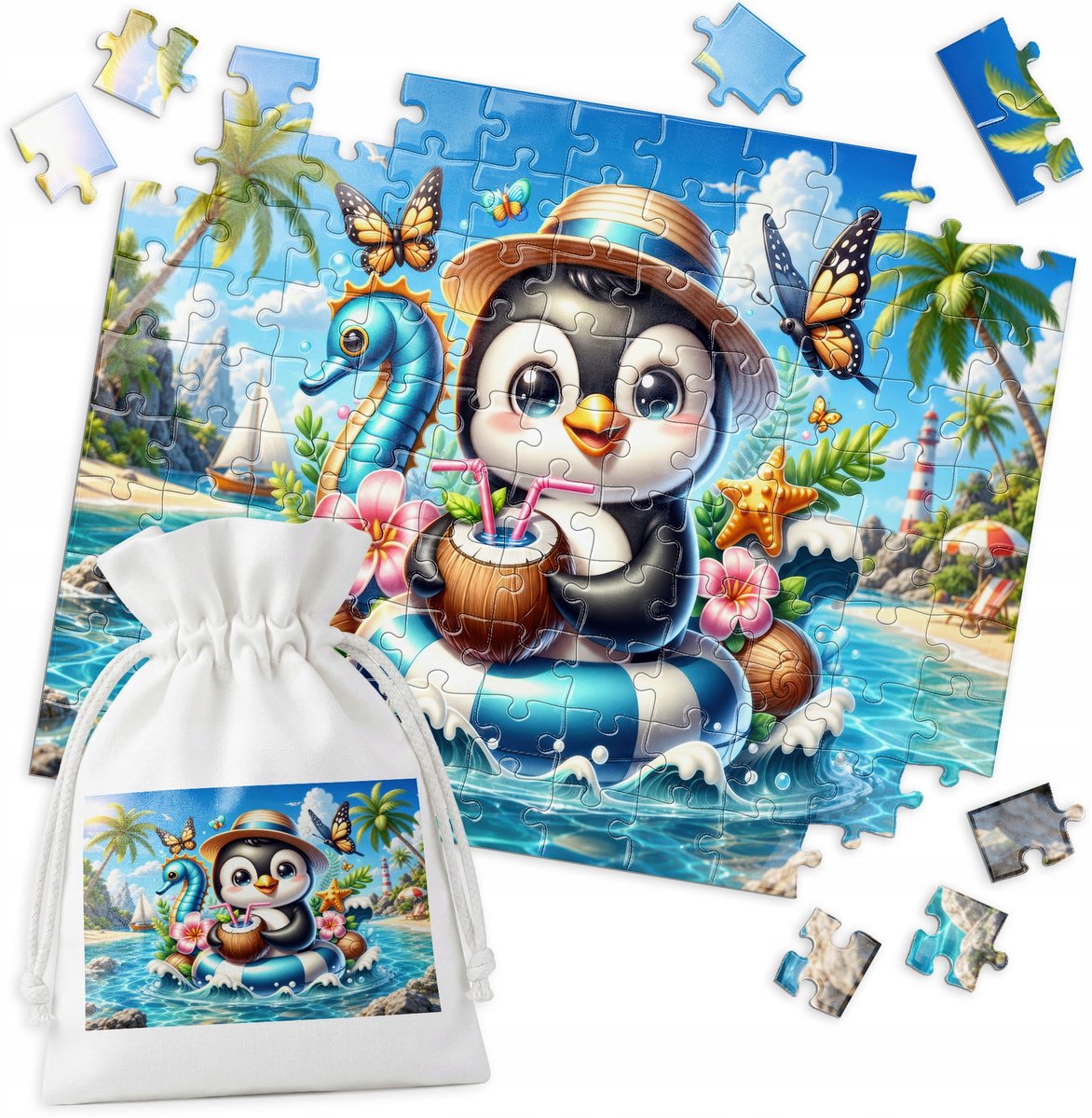 Traditionele Puzzel - Pinguïn met Hoed, Strand & Zomer - 110 Stukjes