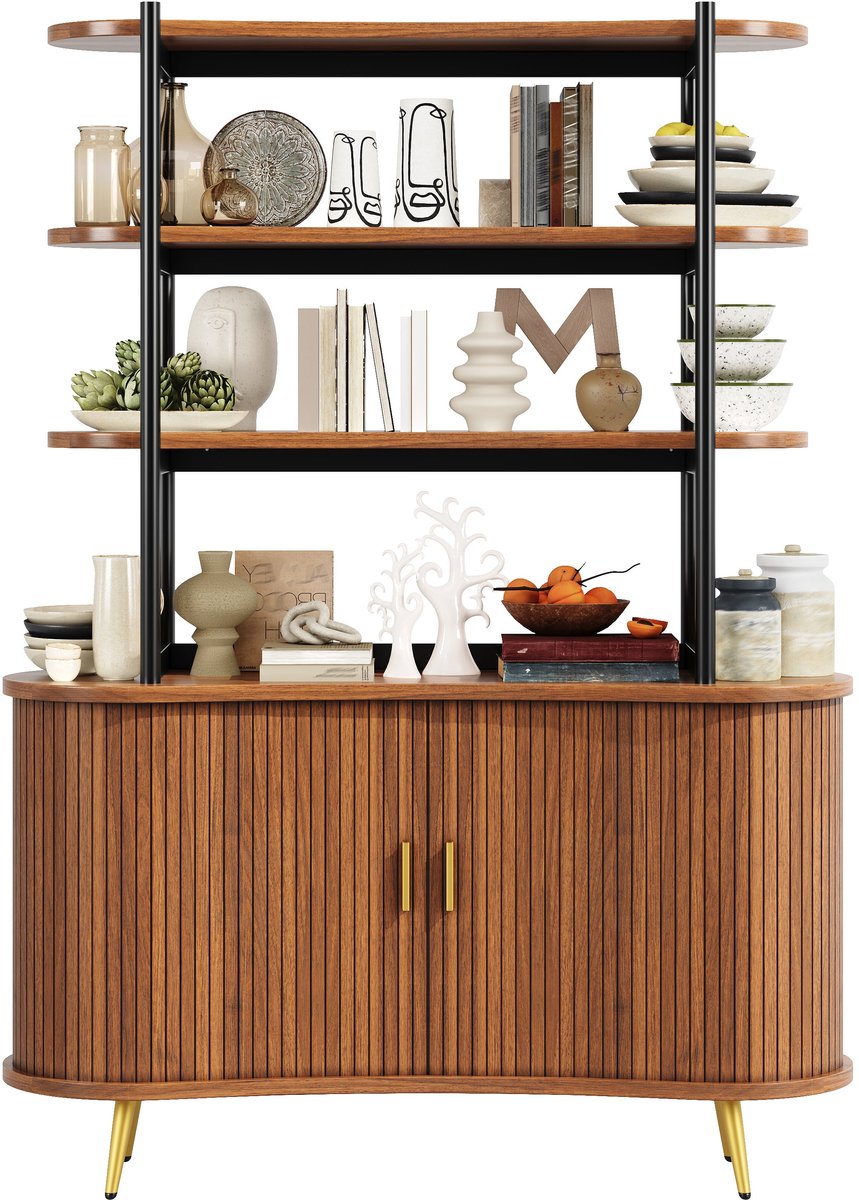 Merax Hoge Opbergkast met Schuifdeuren - Open Legplanken - Donkerbruin met Goudkleurige Poten - 120 x 40 x 183 cm