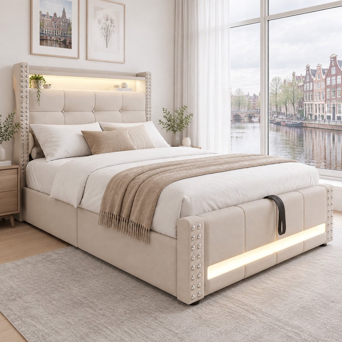 WUVRIE Gestoffeerd kinderbed 90x200 cm met LED, USB en opbergruimte, beige