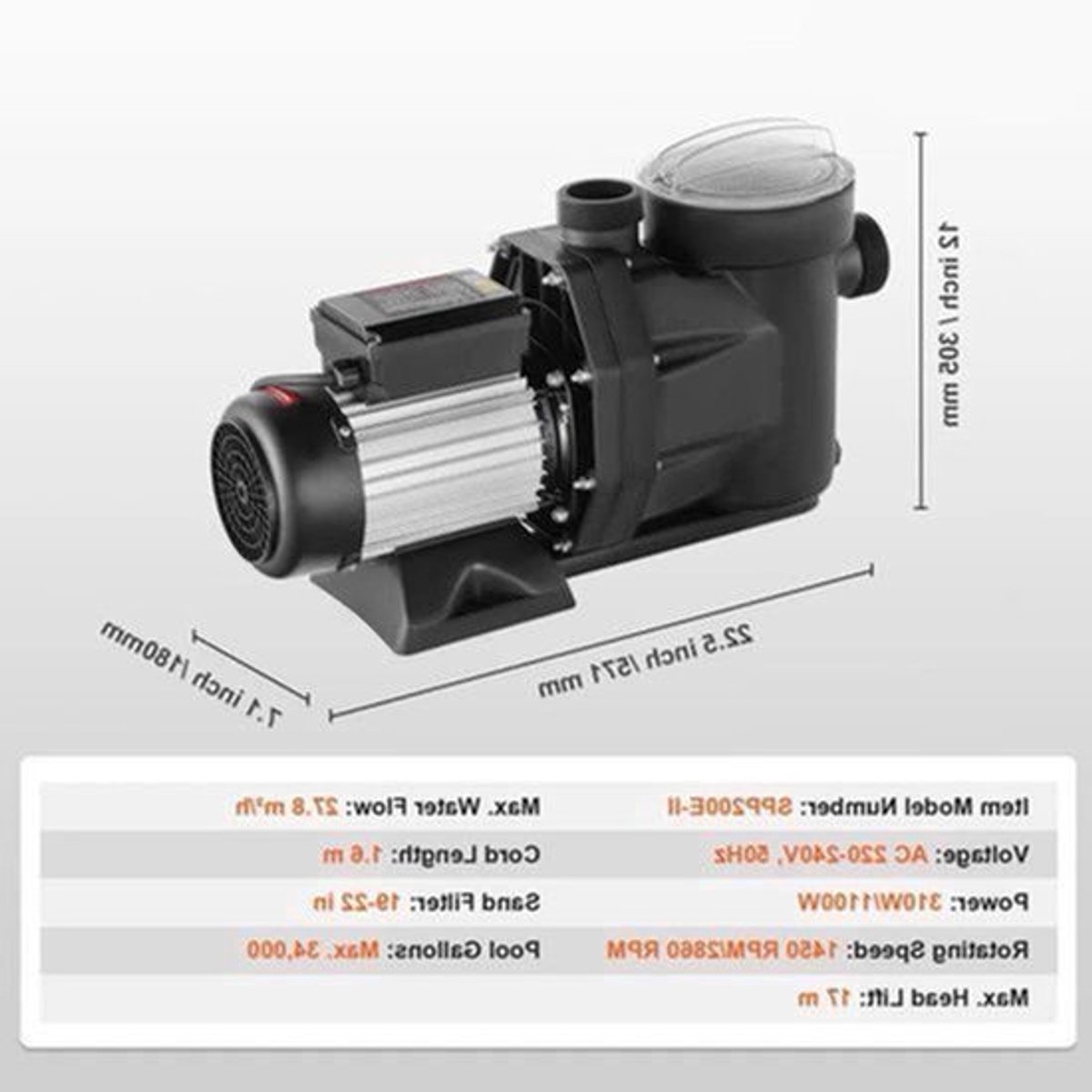 Zwembadpomp – 1 HP – Circulatiepomp voor Zwembad – 4223 GPH Capaciteit – Thermische Beveiliging – Stil en Krachtig – Voor Alle Watertypes – 27800 LH
