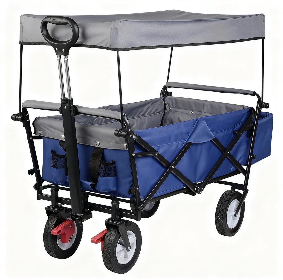 Klarven® Transportwagen Blauw - Opvouwbaar, Zonnescherm - Tot 80 kg belasting, Grote Wielen voor Zand en Gras, Stalen Frame - B 51 x D 120 x H 93 cm