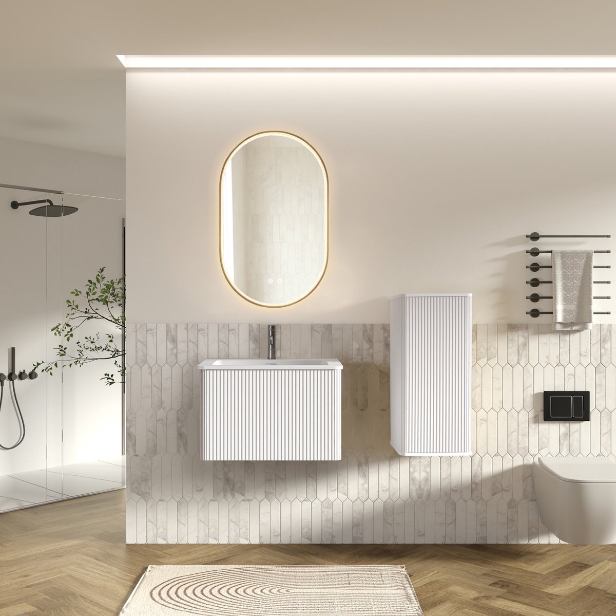 FloraGrace Badmeubelset - Wandhangend Wastafelmeubel Met Led Spiegel - Modern En Minimalistisch Voor Badkamer En Gastentoilet - Wit - 60 Cm